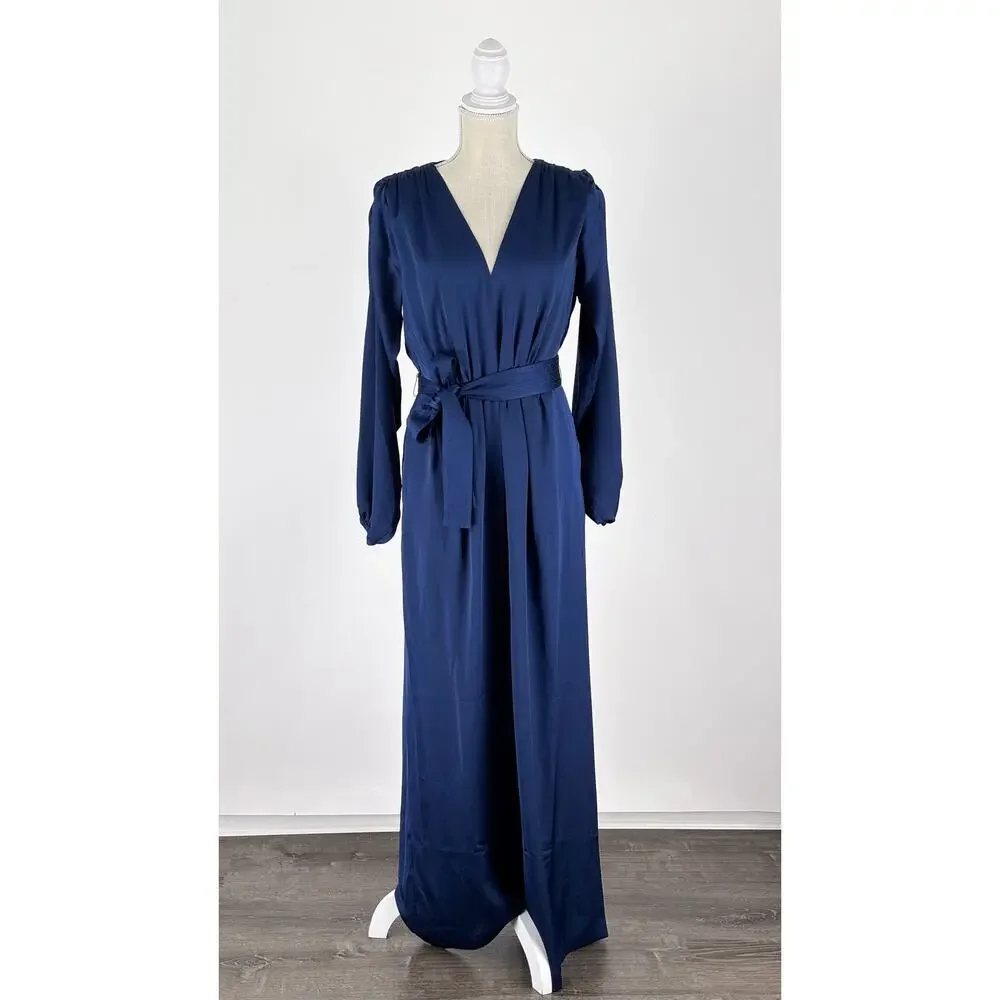 Ann Taylor V Neck Long Sleeve Satin Jumpsuit Deep Ocean Blue Womens Size 8 New